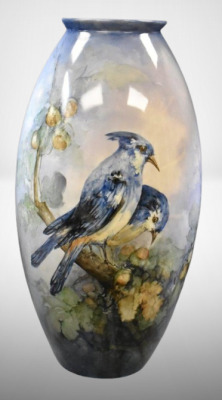 Mrkd. Belleek Willets HP 18.5" floor vase, Blue jays