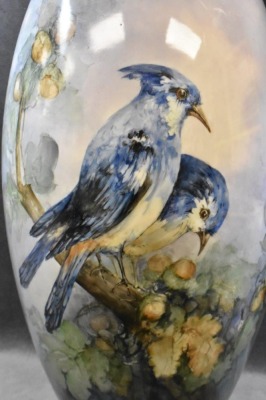 Mrkd. Belleek Willets HP 18.5" floor vase, Blue jays - 2