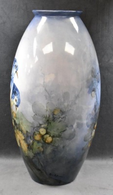 Mrkd. Belleek Willets HP 18.5" floor vase, Blue jays - 3