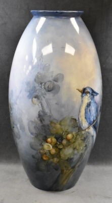 Mrkd. Belleek Willets HP 18.5" floor vase, Blue jays - 5