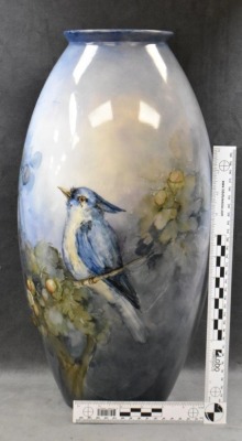 Mrkd. Belleek Willets HP 18.5" floor vase, Blue jays - 6