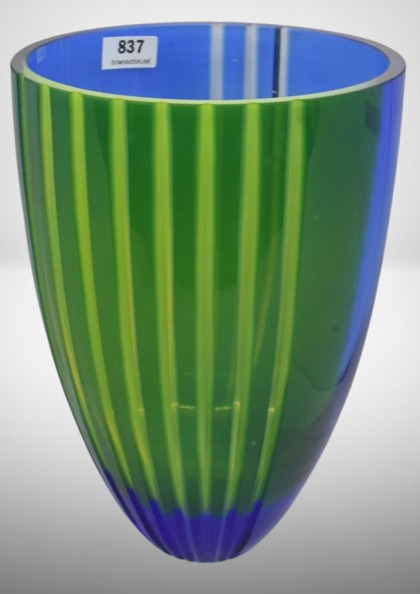 Mrkd. Waterford Evolution 8" vase, green and cobalt w/ etched vertical lines