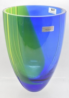 Mrkd. Waterford Evolution 8" vase, green and cobalt w/ etched vertical lines - 2