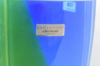 Mrkd. Waterford Evolution 8" vase, green and cobalt w/ etched vertical lines - 3