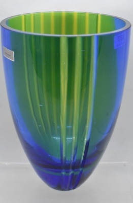 Mrkd. Waterford Evolution 8" vase, green and cobalt w/ etched vertical lines - 4