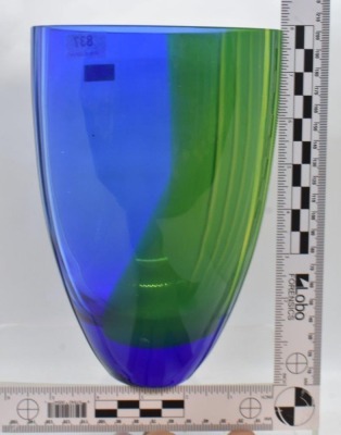 Mrkd. Waterford Evolution 8" vase, green and cobalt w/ etched vertical lines - 5