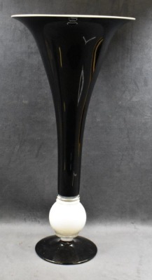 Italian black glass 19.5" tall trumpet vase, artist signed - 2