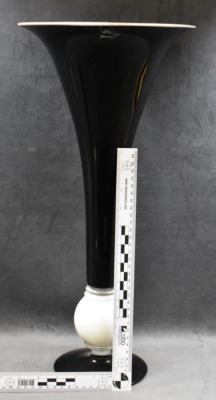 Italian black glass 19.5" tall trumpet vase, artist signed - 3