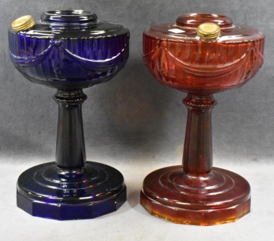 (2) Aladdin tall Lincoln Drape kerosene mantle lamps, cobalt and ruby - 2