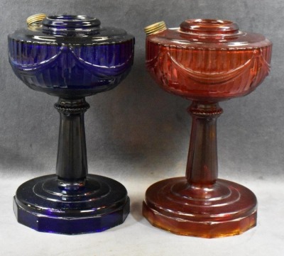 (2) Aladdin tall Lincoln Drape kerosene mantle lamps, cobalt and ruby - 3