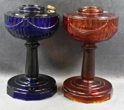 (2) Aladdin tall Lincoln Drape kerosene mantle lamps, cobalt and ruby - 4