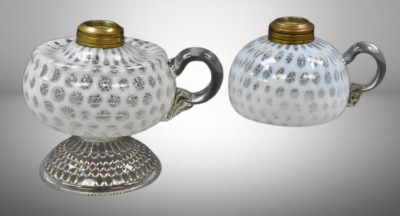 (2) Clear opalescent kerosene finger lamps