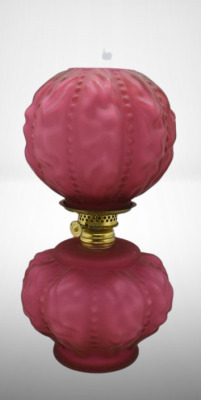 Red satin glass Beaded Drape 9"h kerosene lamp