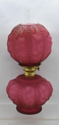 Red satin glass Beaded Drape 9"h kerosene lamp - 4