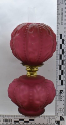 Red satin glass Beaded Drape 9"h kerosene lamp - 5