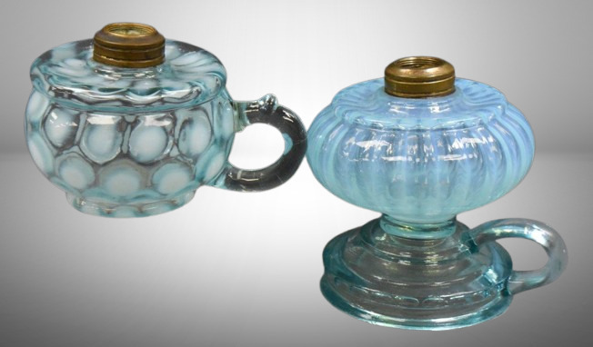 (2) Blue opalescent kerosene finger lamps