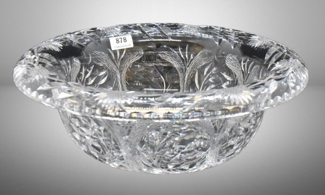 European Badash Crystal 3.5"h x 10"d heavily etched bowl, rolled rim