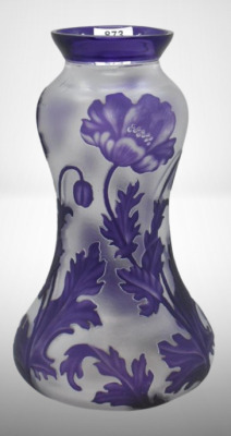 Val Saint Lambert acid-etched 8.5" vase decorated w/ Poppies, Boma Model