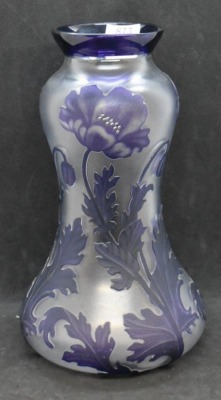 Val Saint Lambert acid-etched 8.5" vase decorated w/ Poppies, Boma Model - 2