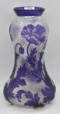 Val Saint Lambert acid-etched 8.5" vase decorated w/ Poppies, Boma Model - 9