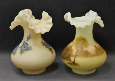 (2) Fenton Art Glass custard 7" vases: log cabin scene; blue flowers - 2