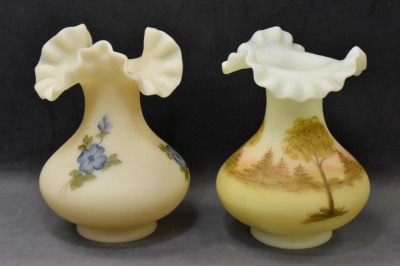 (2) Fenton Art Glass custard 7" vases: log cabin scene; blue flowers - 3