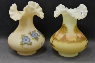 (2) Fenton Art Glass custard 7" vases: log cabin scene; blue flowers - 4