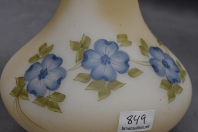 (2) Fenton Art Glass custard 7" vases: log cabin scene; blue flowers - 5