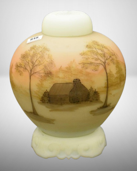 3 pc. Fenton satin custard glass Log Cabin ginger jar w/ base and lid, 7.5"t