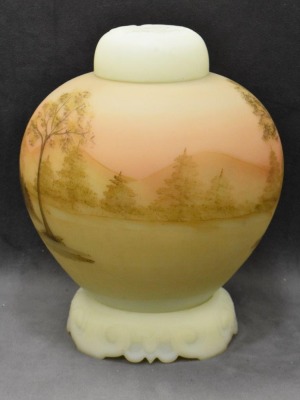 3 pc. Fenton satin custard glass Log Cabin ginger jar w/ base and lid, 7.5"t - 2