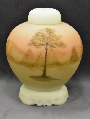 3 pc. Fenton satin custard glass Log Cabin ginger jar w/ base and lid, 7.5"t - 3