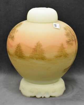 3 pc. Fenton satin custard glass Log Cabin ginger jar w/ base and lid, 7.5"t - 4