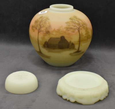 3 pc. Fenton satin custard glass Log Cabin ginger jar w/ base and lid, 7.5"t - 5