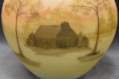 3 pc. Fenton satin custard glass Log Cabin ginger jar w/ base and lid, 7.5"t - 6