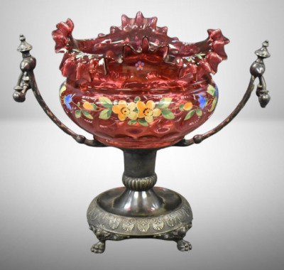 Victorian enameled cranberry bride's basket atop a unique silverplate holder