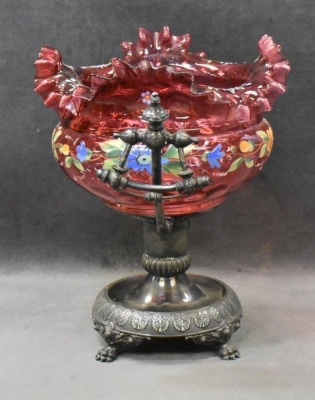 Victorian enameled cranberry bride's basket atop a unique silverplate holder - 2