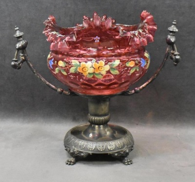 Victorian enameled cranberry bride's basket atop a unique silverplate holder - 3