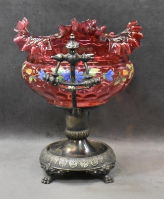 Victorian enameled cranberry bride's basket atop a unique silverplate holder - 4