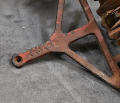 (4) Cast Iron toy implements: 2-botttom plow (Arcade), corn sheller (Arcade), disc (Arcade) & hay rake (Kenton?, larger) - 6