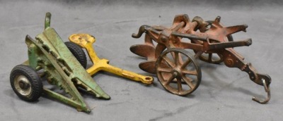 (4) Cast Iron toy implements: 2-botttom plow (Arcade), corn sheller (Arcade), disc (Arcade) & hay rake (Kenton?, larger) - 7