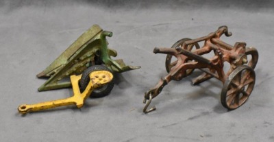 (4) Cast Iron toy implements: 2-botttom plow (Arcade), corn sheller (Arcade), disc (Arcade) & hay rake (Kenton?, larger) - 9