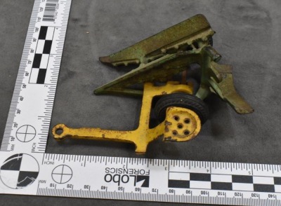 (4) Cast Iron toy implements: 2-botttom plow (Arcade), corn sheller (Arcade), disc (Arcade) & hay rake (Kenton?, larger) - 10