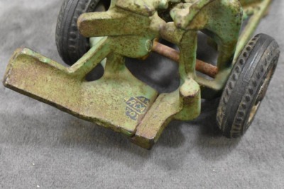 (4) Cast Iron toy implements: 2-botttom plow (Arcade), corn sheller (Arcade), disc (Arcade) & hay rake (Kenton?, larger) - 11