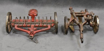 (4) Arcade Cast Iron toy implements: hay rake, 2-botttom plow, sickle-bar mower & 2-row planter - 2