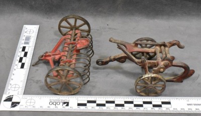 (4) Arcade Cast Iron toy implements: hay rake, 2-botttom plow, sickle-bar mower & 2-row planter - 3