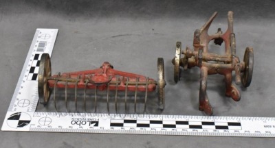 (4) Arcade Cast Iron toy implements: hay rake, 2-botttom plow, sickle-bar mower & 2-row planter - 4