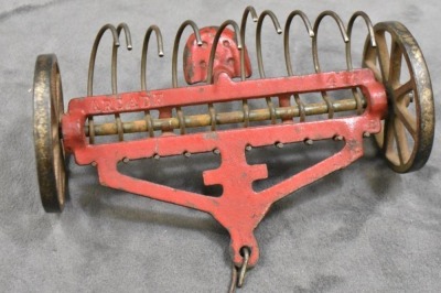 (4) Arcade Cast Iron toy implements: hay rake, 2-botttom plow, sickle-bar mower & 2-row planter - 5