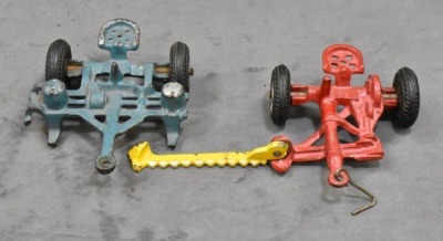 (4) Arcade Cast Iron toy implements: hay rake, 2-botttom plow, sickle-bar mower & 2-row planter - 8