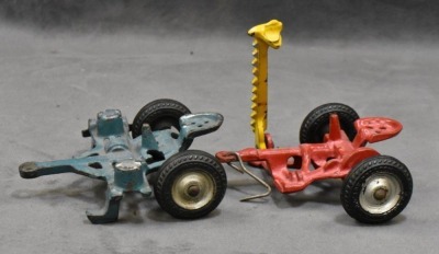 (4) Arcade Cast Iron toy implements: hay rake, 2-botttom plow, sickle-bar mower & 2-row planter - 9