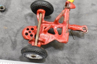 (4) Arcade Cast Iron toy implements: hay rake, 2-botttom plow, sickle-bar mower & 2-row planter - 12